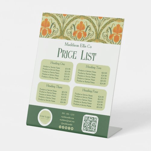Green Art Nouveau Floral Price List Display Pedestal Sign