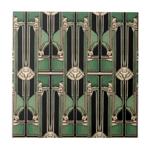 Green Art Nouveau Geometric Art Deco  Ceramic Tile