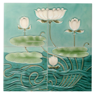 Green Art Nouveau Jugendstil Waterlilly Ceramic Tile