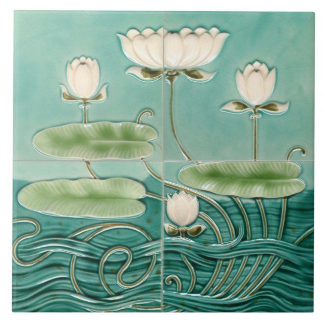 Green Art Nouveau Jugendstil Waterlilly Ceramic Tile (Front)