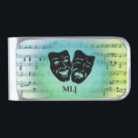 Green Art Unites Theater Masks Monogram   Silver Finish Money Clip<br><div class="desc">Artistic talent comes in many forms and when they unite it is spectacular. The Greek theater masks of comedy and tragedy lie atop a sheet of music.</div>