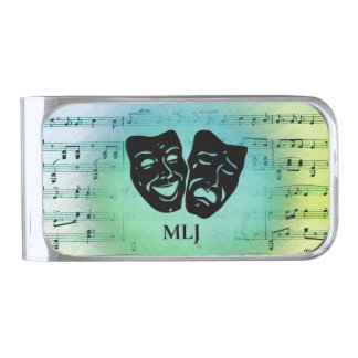 Green Art Unites Theater Masks Monogram   Silver Finish Money Clip