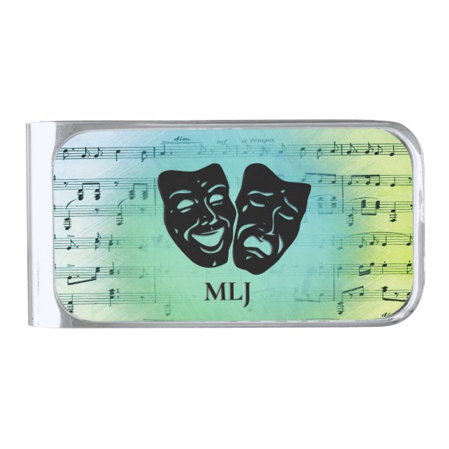 Green Art Unites Theater Masks Monogram   Silver Finish Money Clip (Front)