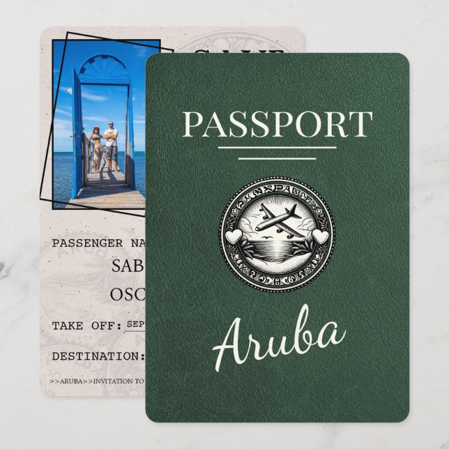 Green Aruba Passport Save The Date (Front/Back)