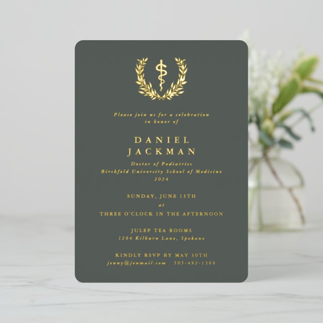 Green Asclepius Medical School Graduation Foil Invitation (Standing Front)