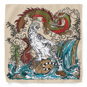 Green Asian dragon VS White tiger. Illustration Bandana