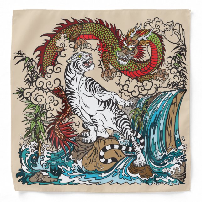 Green Asian dragon VS White tiger. Illustration Bandana (Front)