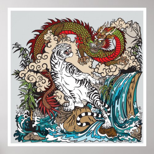 Green Asian dragon VS White tiger Illustration Poster