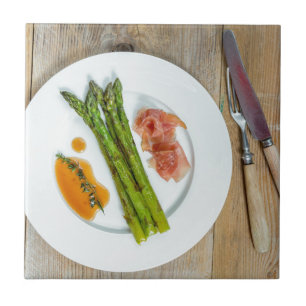 Green asparagus with ham and sauce ceramic tile