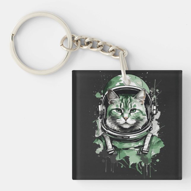 Green Astronaut Cat Splash Keychain (Front)