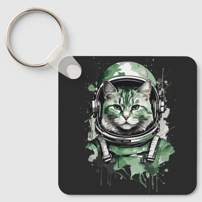Green Astronaut Cat Splash Keychain (Front)