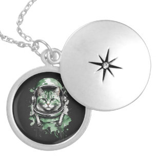 Green Astronaut Cat Splash Locket Necklace
