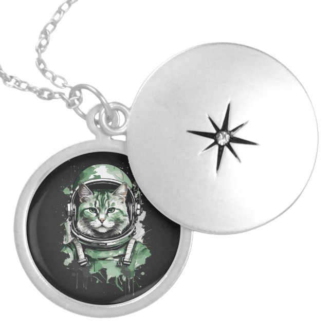 Green Astronaut Cat Splash Locket Necklace (Front)
