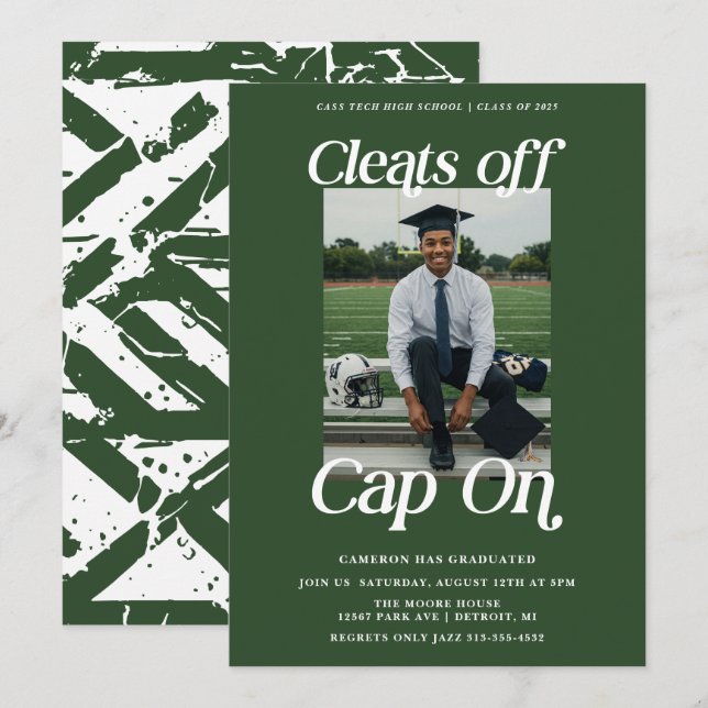 Green Athlete Graduation Cleats off Cap On Invitation (Front/Back)