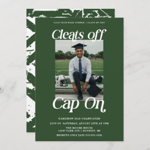 Green Athlete Graduation Cleats off Cap On Invitation