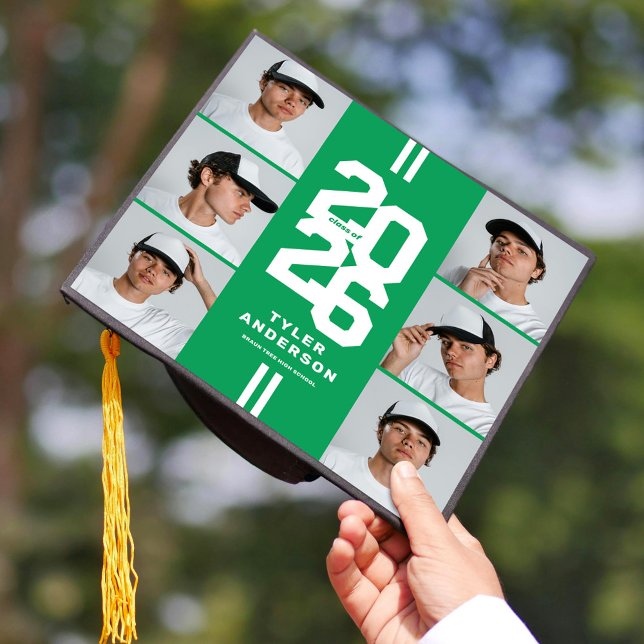 Green Athletic Grad Photo Collage Graduation Cap Topper (Creator Uploaded)