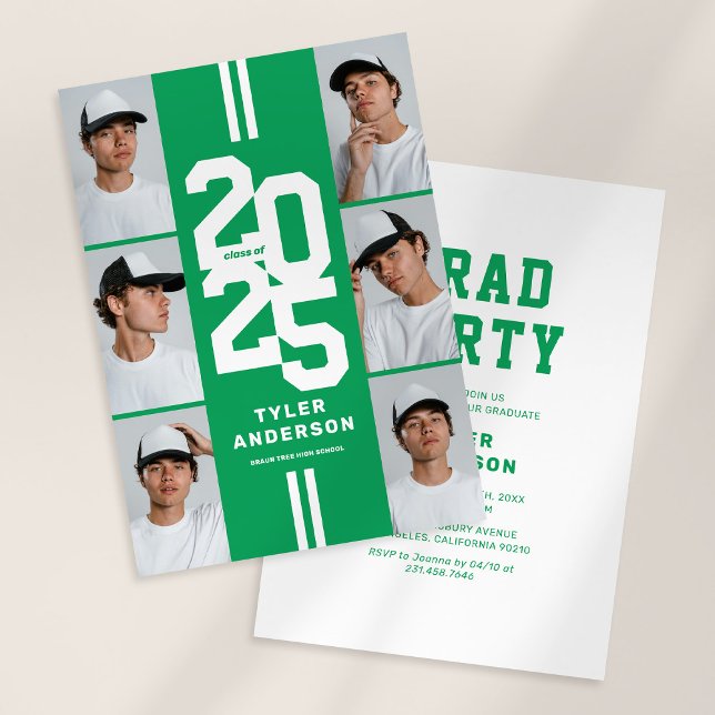 Green Athletic Grad Photo Collage Graduation Party Invitation (Creator Uploaded)