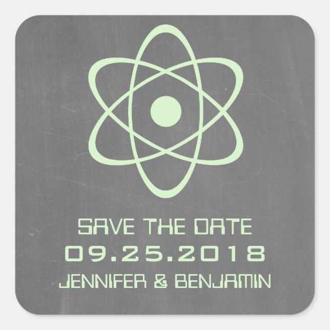 Green Atomic Chalkboard Save the Date Stickers (Front)