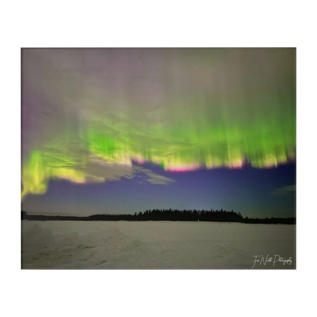 green auroras on a frozen lake acrylic print (Front)