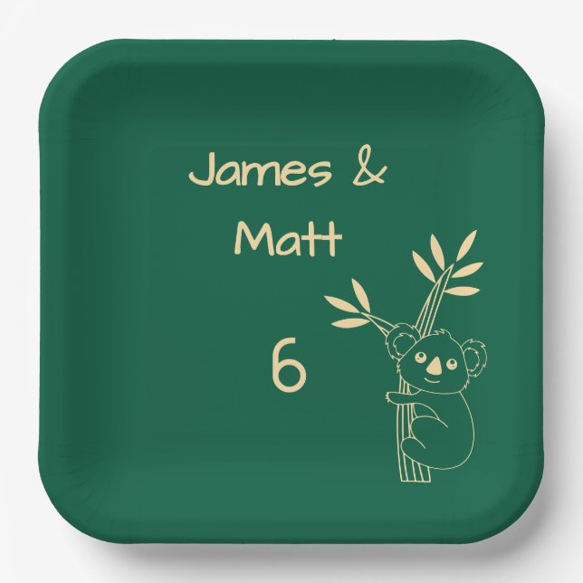 Green Australian Animals Twin 6th Birthday  Paper Plates (Front)