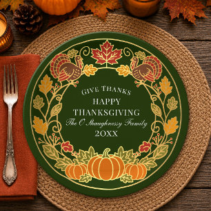 Green Autumn Pumpkin Turkey Thanksgiving Dinner Paper Plates