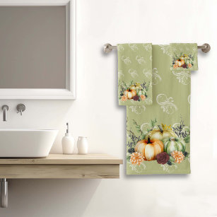 Green Autumn Pumpkin Watercolor Thanksgiving Bath  Bath Towel Set