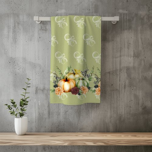 Green Autumn Pumpkin Watercolor Thanksgiving Bath  Bath Towel Set