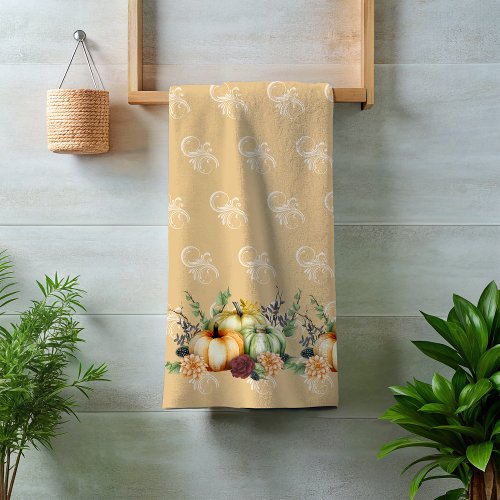 Green Autumn Pumpkin Watercolor Thanksgiving Bath Bath Towel Set