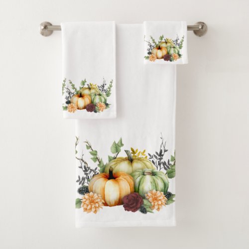 Green Autumn Pumpkin Watercolor Thanksgiving Bath  Bath Towel Set