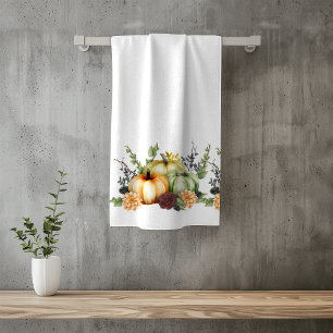 Green Autumn Pumpkin Watercolor Thanksgiving Bath  Towel Set