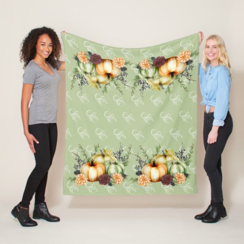 Green Autumn Pumpkin Watercolor Thanksgiving  Fleece Blanket