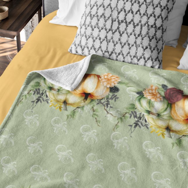 Green Autumn Pumpkin Watercolor Thanksgiving  Fleece Blanket (Creator Uploaded)