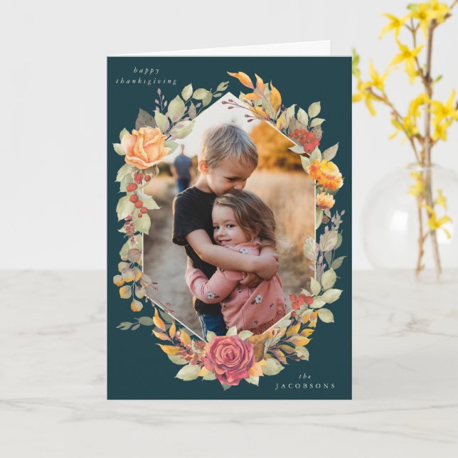Green Autumnal Florals Thanksgiving Photo Card (Yellow Flower)