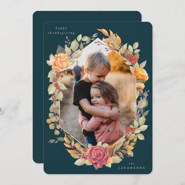 Green Autumnal Florals Thanksgiving Photo Card (Front/Back)