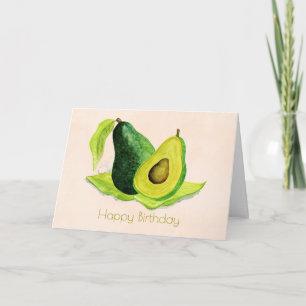 Green Avocado Fruit in Watercolors Happy Birthday Card