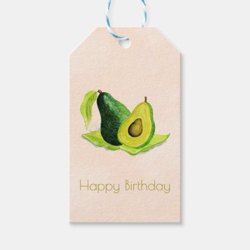 Green Avocado Fruit in Watercolors Happy Birthday Gift Tags