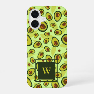 Green Avocado Fruit Pattern Monogram iPhone 16 Case
