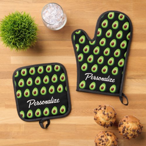 Green avocado pattern personalized kitchen oven mitt  pot holder set