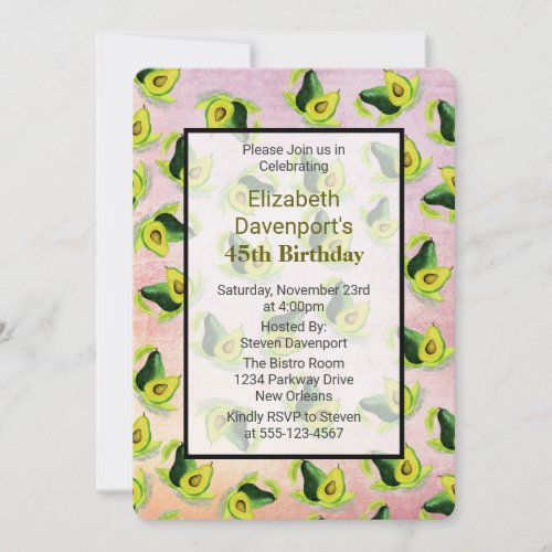 Green Avocados Watercolor Pattern Birthday Invite