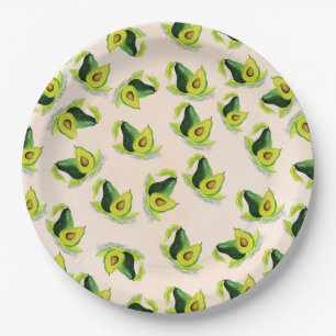 Green Avocados Watercolor Pattern Paper Plates