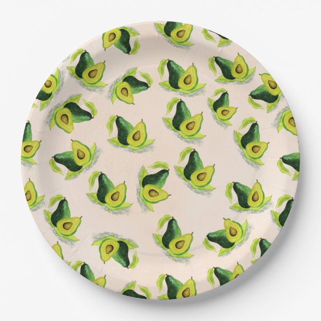 Green Avocados Watercolor Pattern Paper Plates (Front)