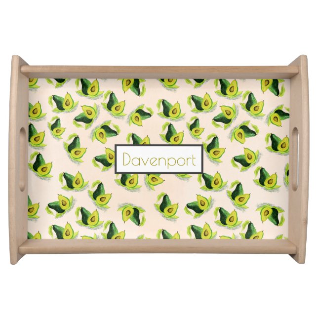 Green Avocados Watercolor Pattern Personalized Serving Tray (Front)