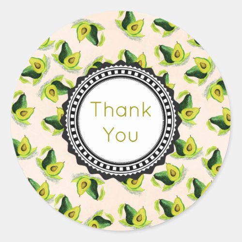 Green Avocados Watercolor Pattern Thank You Classic Round Sticker