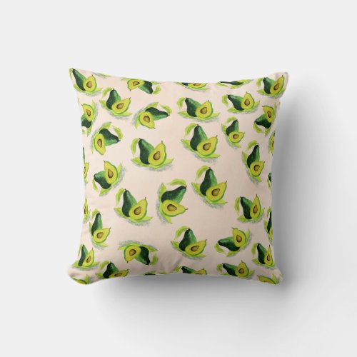 Green Avocados Watercolor Pattern Throw Pillow