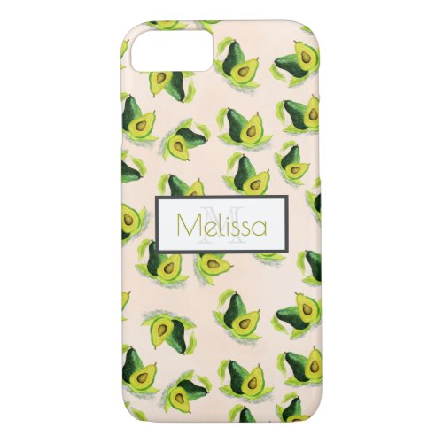 Green Avocados Watercolor Pattern with Monogram iPhone 87 Case