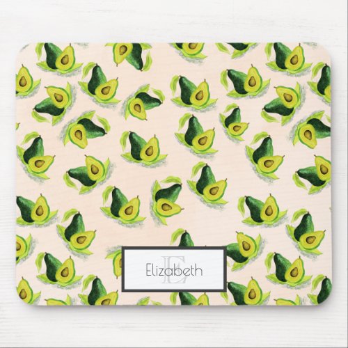 Green Avocados Watercolor Pattern with Monogram Mouse Pad