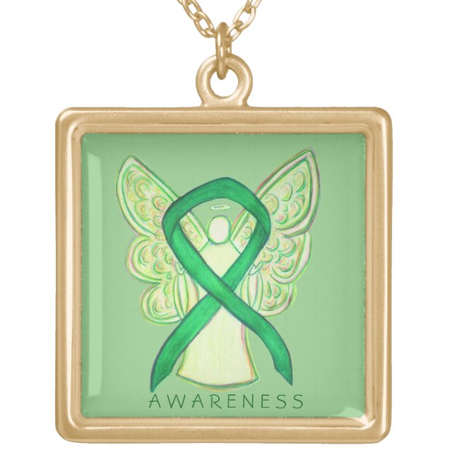 Green Awareness Ribbon Angel Art Jewelry Necklace (Front)