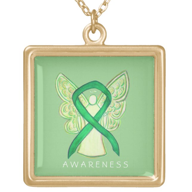 Green Awareness Ribbon Angel Jewelry Necklace (Front)