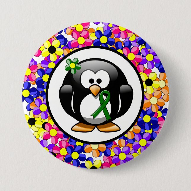 Green Awareness Ribbon Penguin Pinback Button (Front)