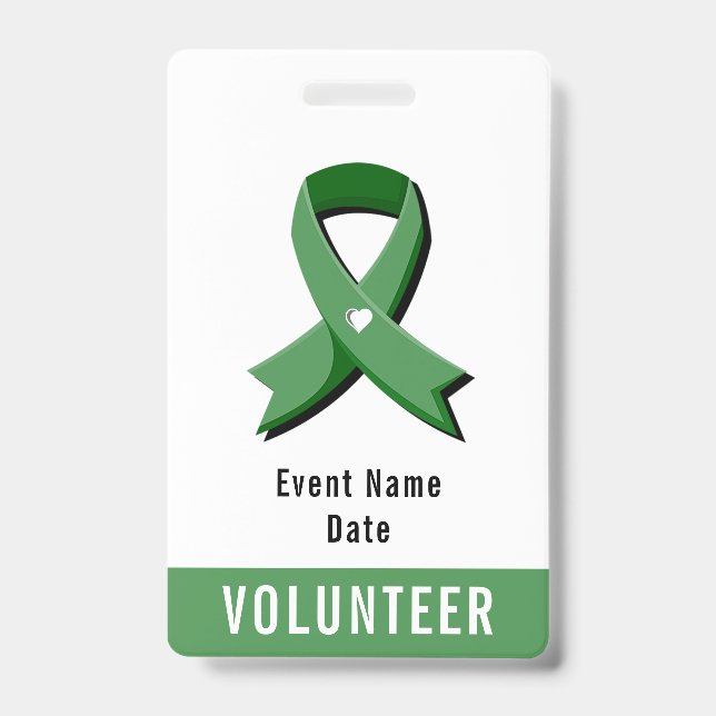 Green Awareness Ribbon White Heart Event Badge (Front)